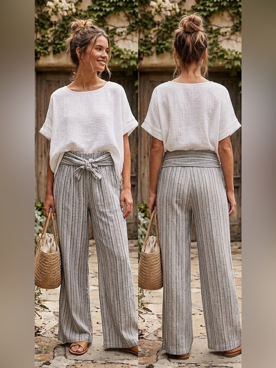 Free People Pants - FREE PEOPLE Linen Striped Wide Leg Fold Over Pants